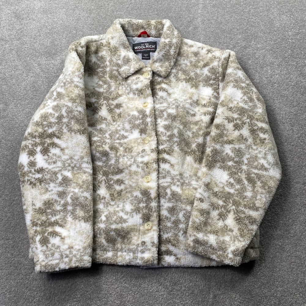 Woolrich Snowflake Fleece Jacket Womens XL Tan White Button Up Collared 15466